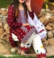 Ajrak Ari Work Cotton Heavy Embroidery Dress Emb Trouser Chiffon Embroidery Dupatta 3 Pec Suite (UnStitched) (DRL-500) Price in Pakistan