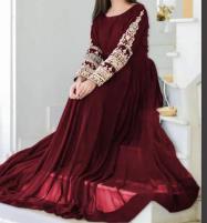 Ready Made Chiffion Maroon Stitched Embroidery Maxi (120 Ich Flair) with Inner (CHI-538) Price in Pakistan