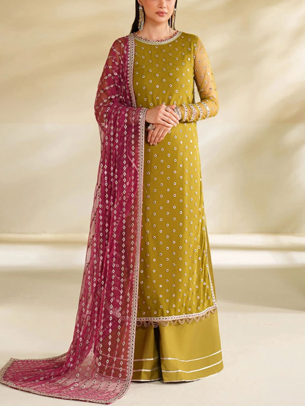   Embroidered Chiffon Party Wear Dress With 4-Sided Embroidered Chiffon Dupatta (Unstitched) (CHI-1091)