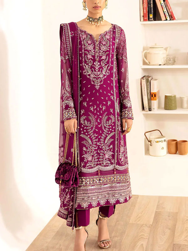  Heavy Embroidered Magenta Chiffon Party Wear Dress With Chiffon Embroidered Dupatta (Unstitched) (CHI-1101)