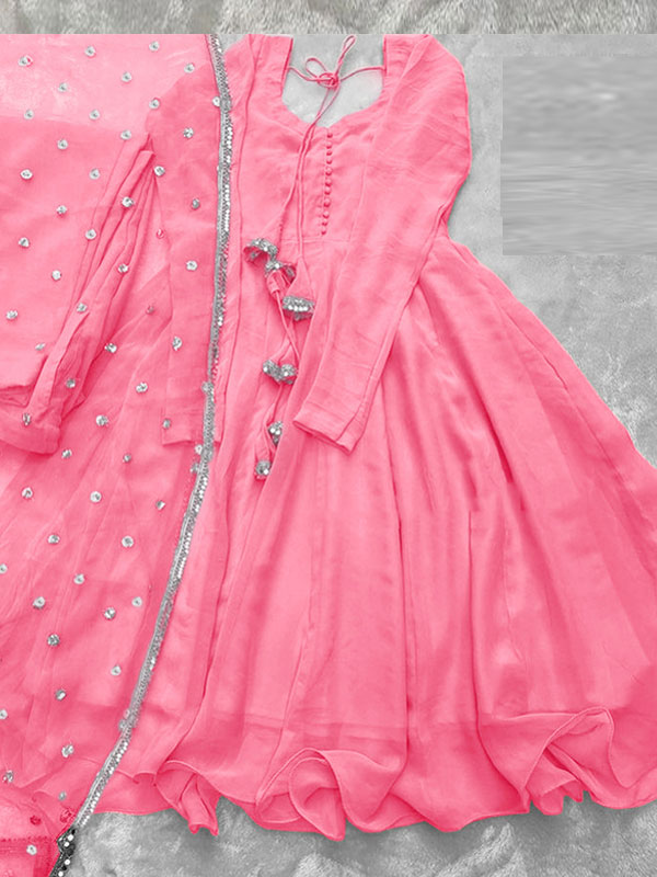 Stitched Chiffon Pink 3 PCs MAXI Dress With Lace Work Dupatta (RM-143)