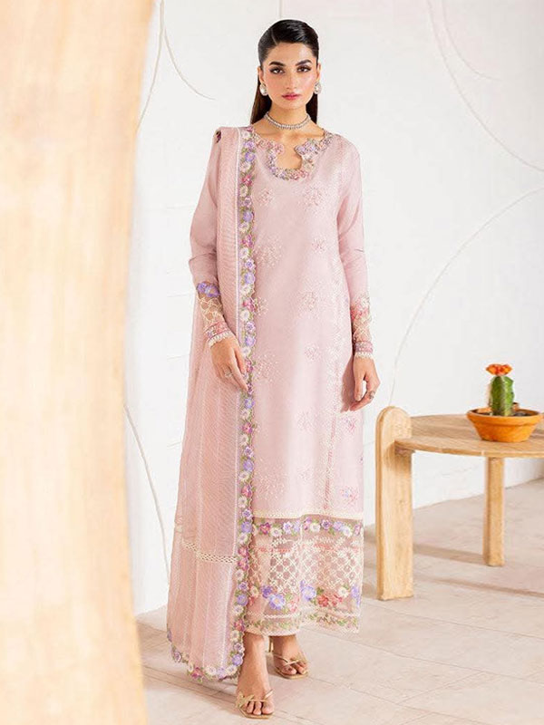 MUSHQ Pink Chiffon Hand Embalishment Embroidered Dress WIth Khaadi NET EMb. Dupatta (Unstitched) (CHI-1146)