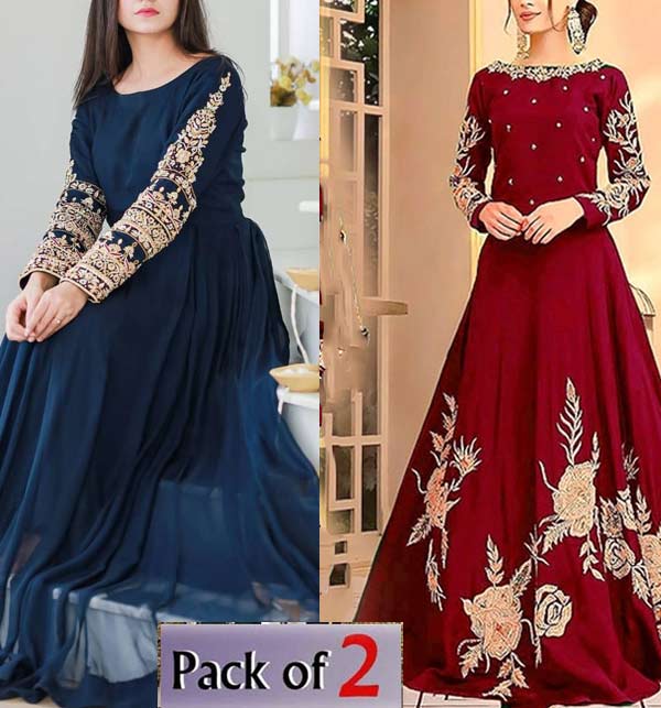 Pack of 2 Stitched Pakistani Maxi Chiffon Maxi & Stitched  SIlk Long Party Wear Maxi Dresses  (Deal-56)