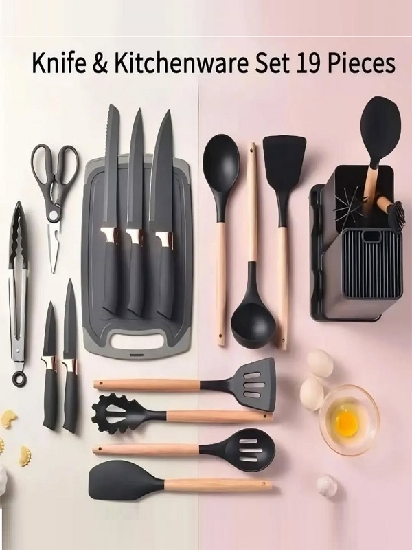 19-Pcs Kitchen Cooking Utensils & Knife Set with Block Holder & Cutting Board