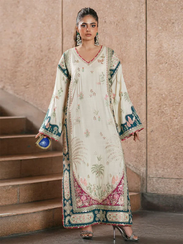 2 PCs Gorgeous Viral Off-White Silk Kaftan Heavy Embroidered Work Modern Kaftan Style Dress (Unstitched) (CHI-1149)