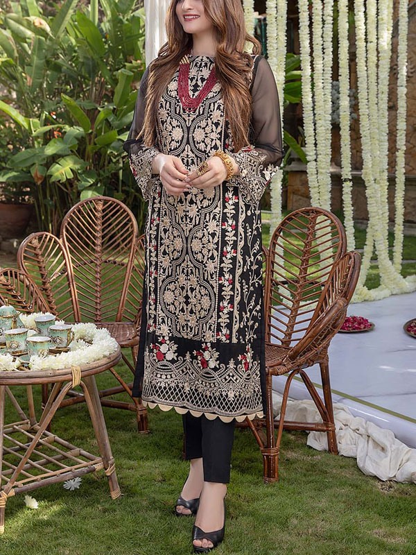 Chiffon Heavy Embroidered Black Party Wear Dress 2-PCs (Unstitched) (CHI-867)