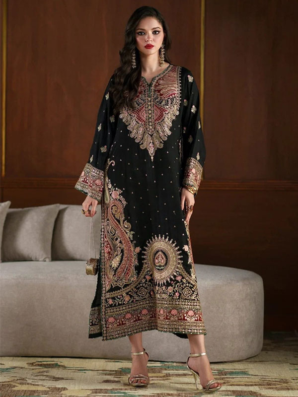 2 PCs Luxury Embroidered Black Silk Modern Long Kaftan Dress (Unstitched) (CHI-1150)
