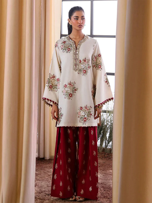2-Piece Embroidered Silk Party Wear Dress with Embroidered Trouser (CHI-1156)