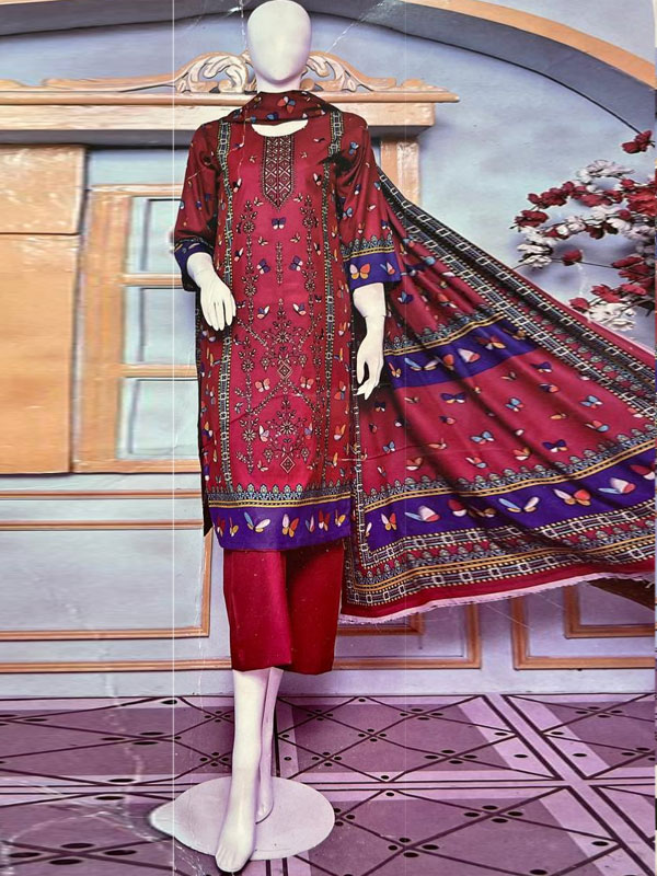 3 PCs Dhanak Printed Dress With Printed Dhanak Dupatta (Unstitched) (KD-254)