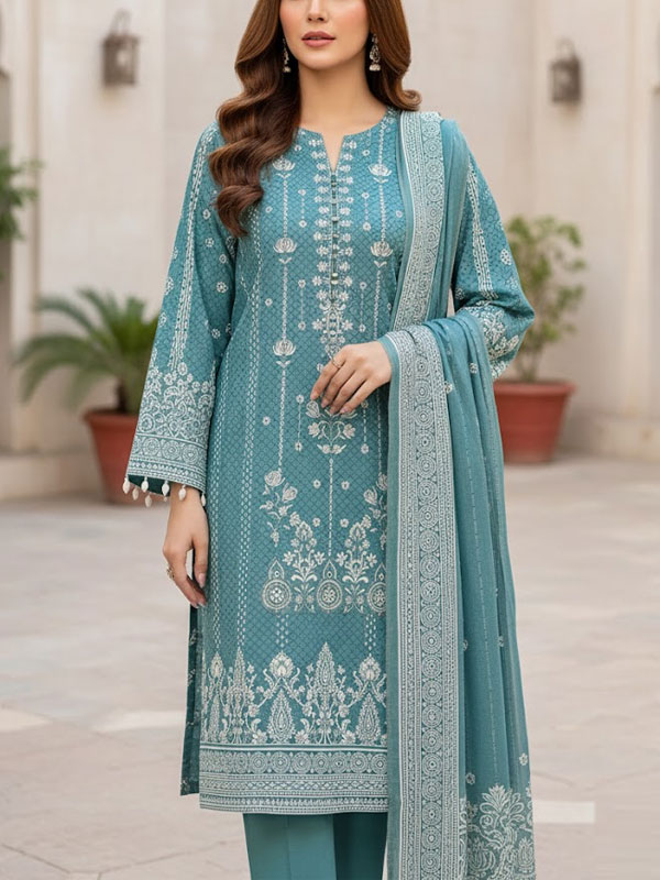 3 PCs Embroidered Cotton Dress With Printed Lawn Dupatta (Unstitched) (DRL-2338)	