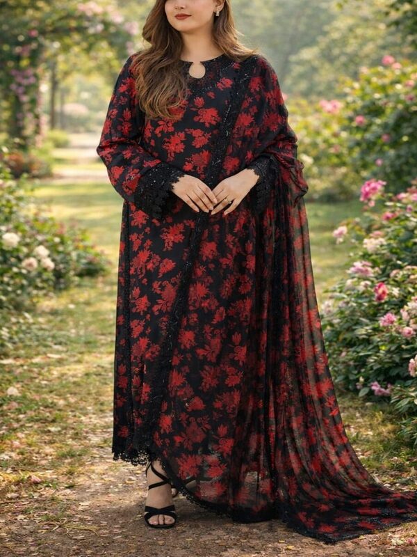 Aneela’s Digital Print Lawn Embroidered Dress with 4-Sided Embroidered Chiffon Dupatta (DRL-2384)