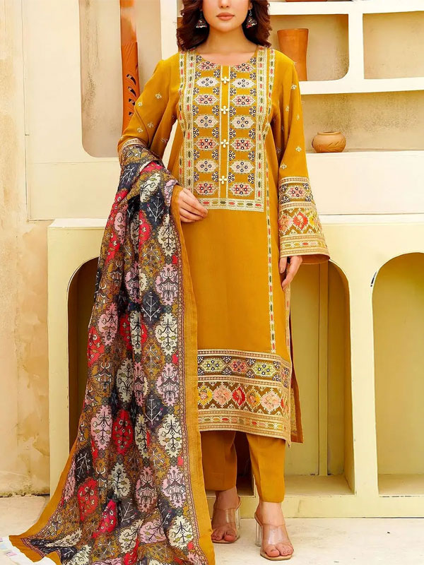 Aneela's Heavy Embroidered Gilded Dhanak Dress with Printed Wool Shawl (Unstitched) (KD-276)