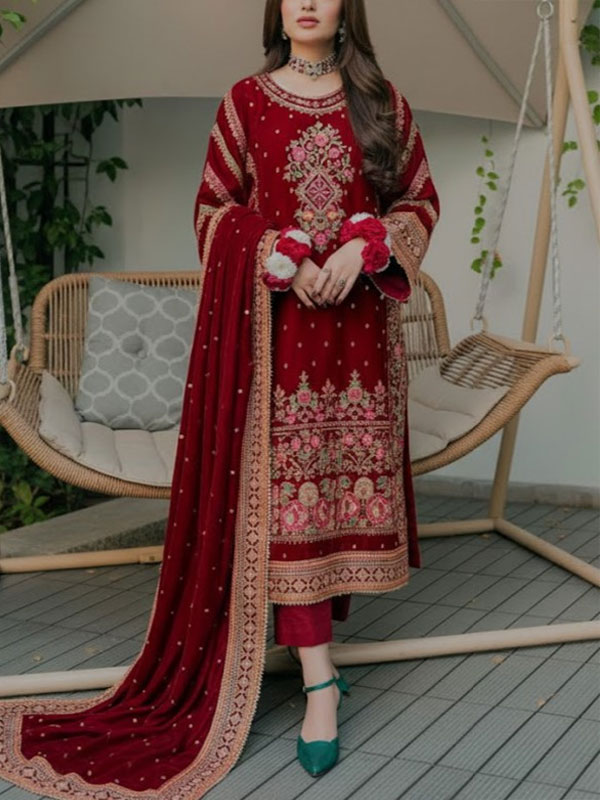 ANEELA'S Velvet Heavy Embroidered Dress With Velvet Embroidered Shawl (Unstitched) (CHI-1084)