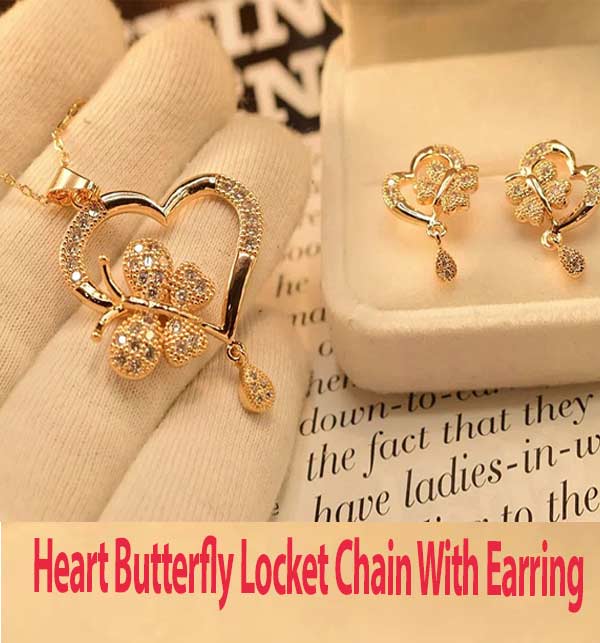 Beautiful Heart Butterfly Locket Chain With Earring (ZV:11309)