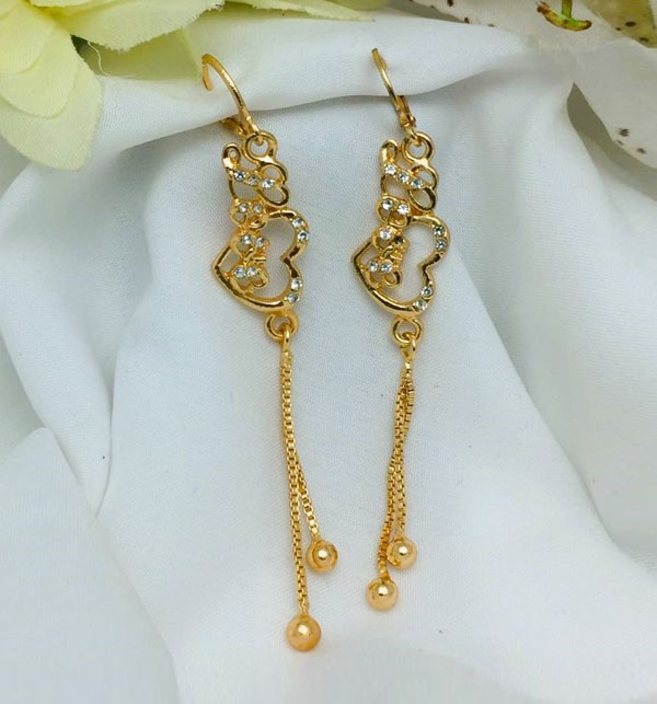 Beautiful Heart Shape Zircon Golden Long Earrings (ZV:20357)