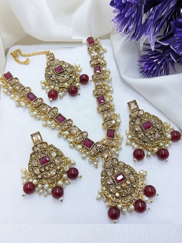 Turkish Style Zircon Stone Necklace Set with Earrings and Tikka (ZV:27712-Maroon)