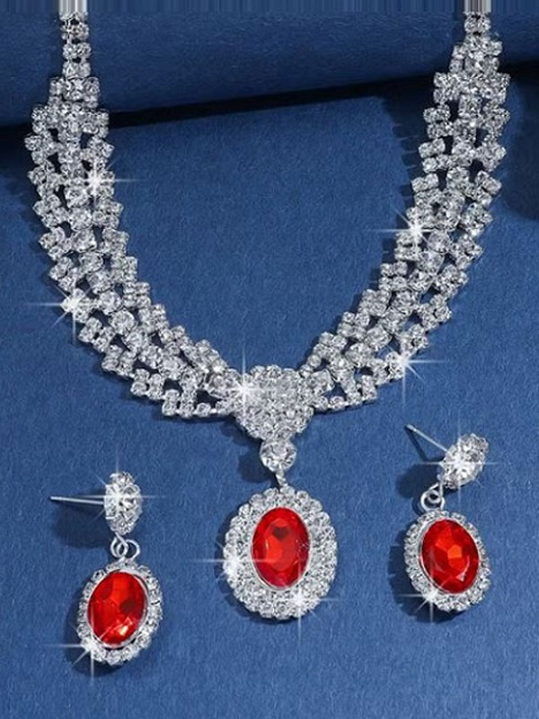 Beautiful Silver Red Wedding Gemstone Necklace Set with Earrings (ZV:30589)