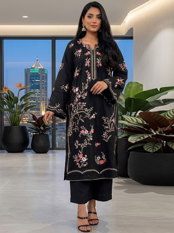 Black Dhanak Clothing Heavy Embroidery Dress With Trouser 2 Peice Suit (Unstitched) (KD-291)