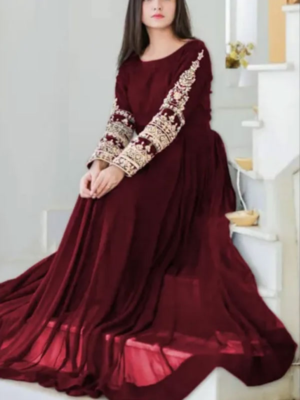 Ready Made Chiffion Maroon Stitched Embroidery Maxi (120 Ich Flair) with Inner (CHI-538)