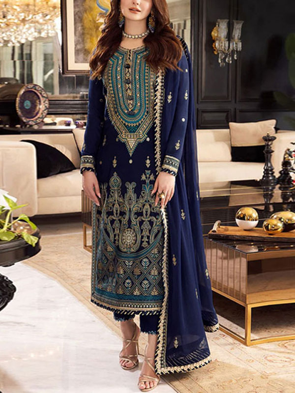 Latest Chiffon Heavy Embroidered Dress With Heavy Embroidered Spengle Work Dupatta 3 Pec Suite (Unstitched) (CHI-891)