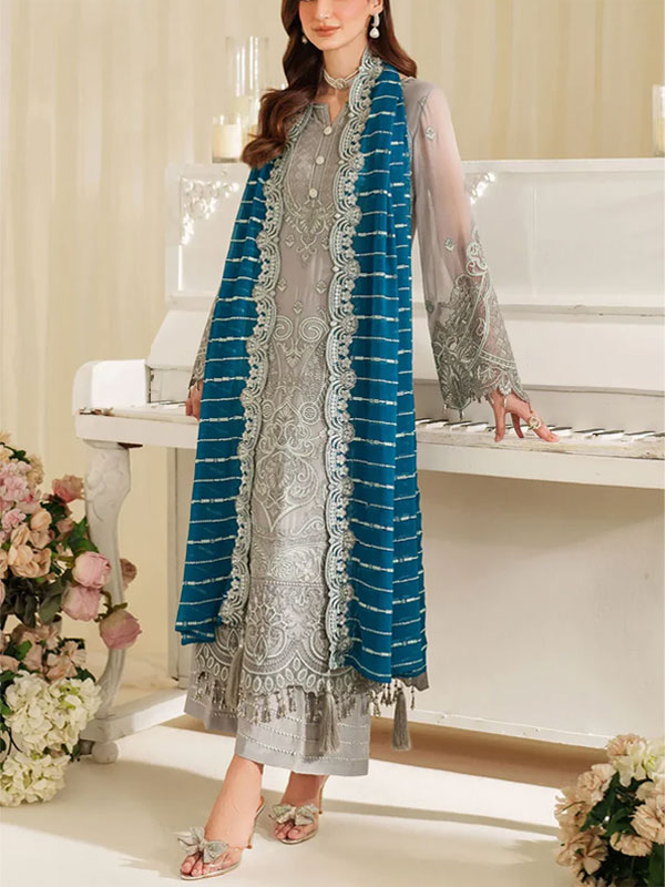 Chiffon Heavy Embroidered Dress With Chiffon Embroidered Cut Work Dupatta (Unstitched) (CHI-1045)