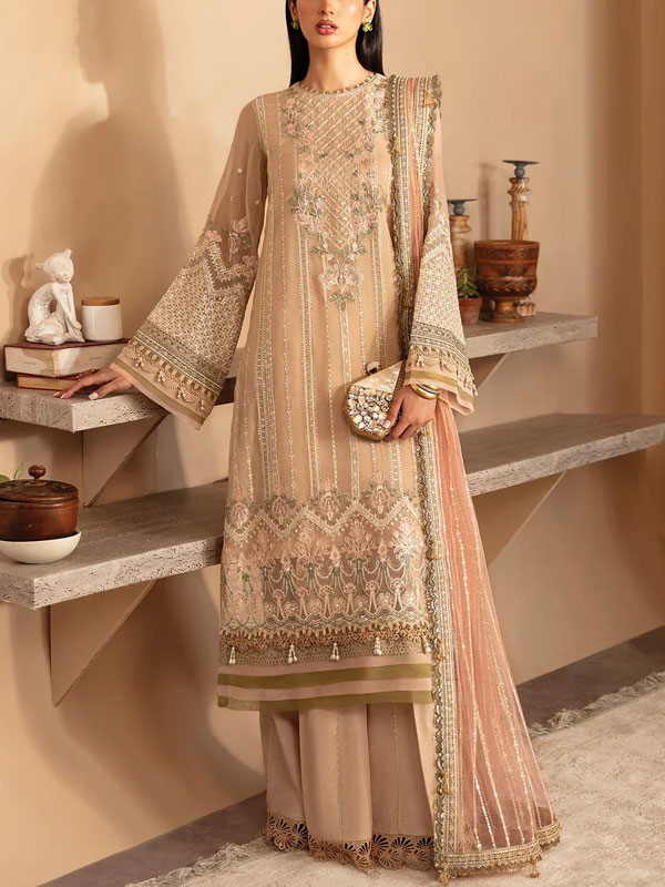 Chiffon Heavy Embroidered Party Wear Dress With 4-Sides Embroidered Chiffon Dupatta (Unstitched) (CHI-1073)