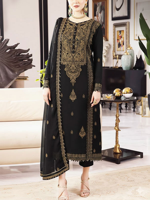 Black Chiffon Heavy Embroidered Spengle Dress With Chiffon Embroidered Dupatta (Unstitched) (CHI-1080)