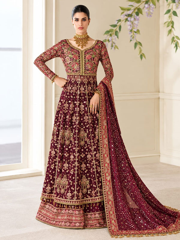Chiffon Spengle Embroidered Maxi Dress With 4 Sided Chiffon Embroidered Dupatta (Unstitched) (CHI-1141)