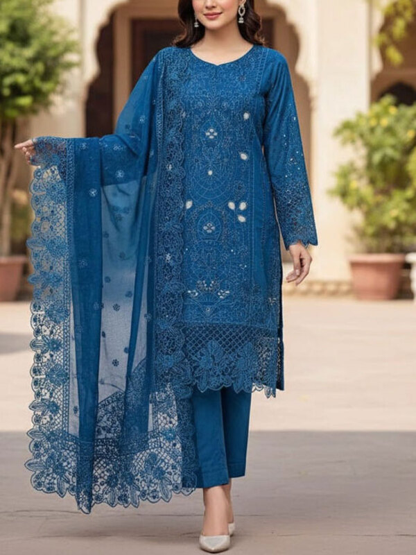 Cotton Heavy Embroidered Chicken Karri Dress With 4-Sided Embroidered Chiffon Dupatta (Unstitched) (DRL-2366)