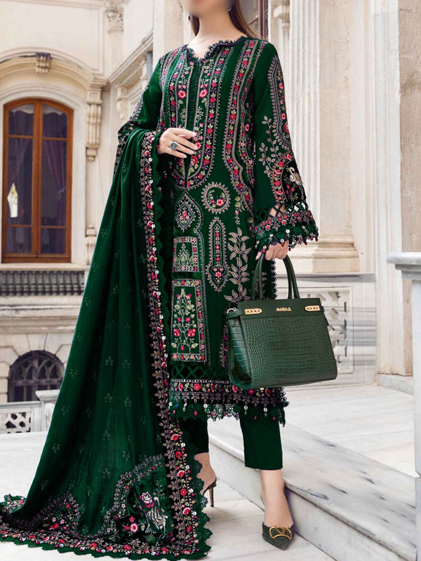 Cotton Heavy Embroidered Dress With Chiffon Embroidered Dupatta Plain Trouser (Unstitched) (DRL-2246)