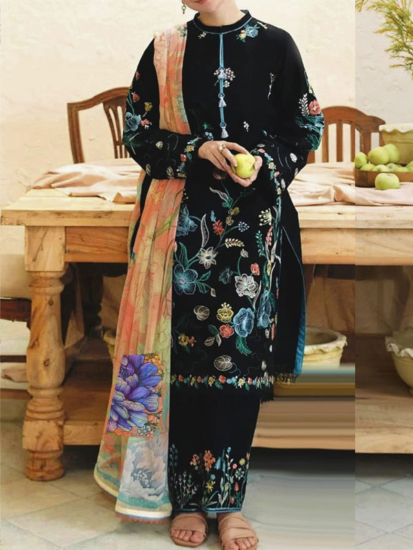 Dhanak Heavy Embroidered Dress With Digital Printed Banadora Shawl (Unstitched) (KD-267)