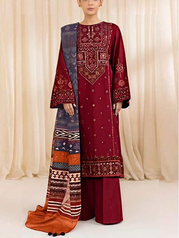 Dhanak Heavy Embroidered Dress With Digital Printed Kortai Shawl (Unstitched) (KD-265)