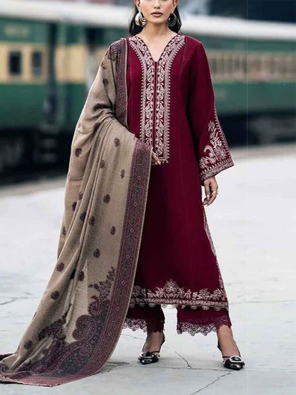 Dhanak Heavy Embroidered Dress With Digital Printed Kortai Shawl (Unstitched) (KD-266)	