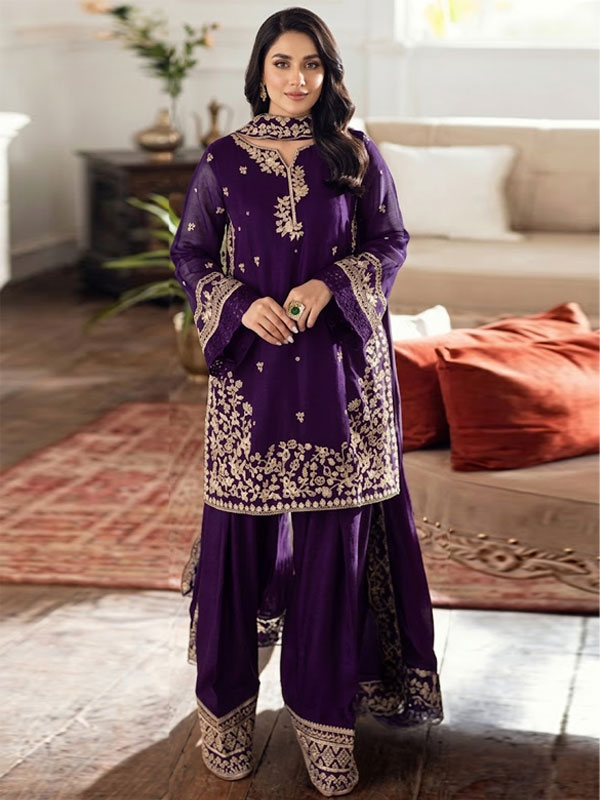 Dhanak Heavy Embroidery Purple Color Dress With Dhanak Trouser (Unstitched) (KD-289)