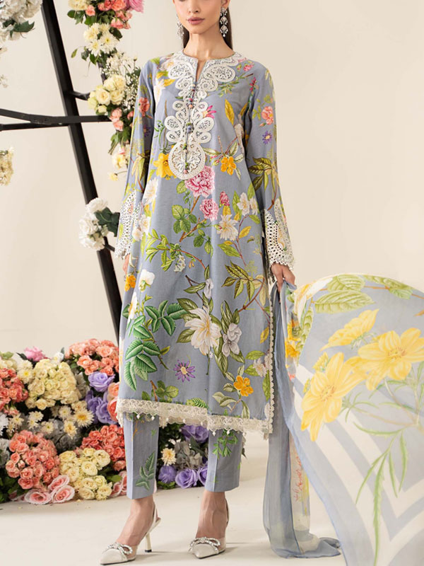Digital Printed Embroidery Lawn Dress With Digital Printed Chiffon Dupatta Printed Trouser (Unstitched) (DRL-2253)