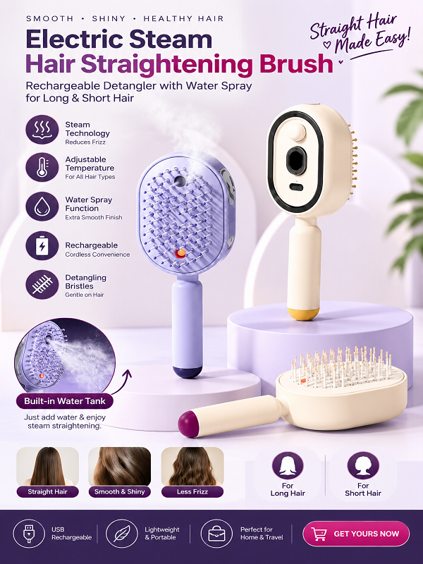 Electric Steam Hair Straightening Brush – Rechargeable Detangler with Water Spray for Long & Short Hair
