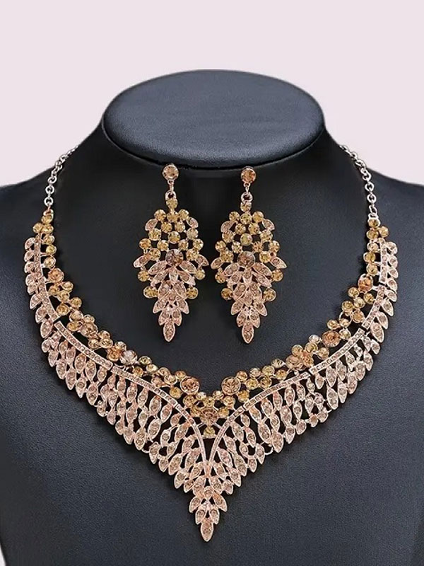 Elegant Champagne Gold Zircon Necklace Set With Earrings (ZV:29909)