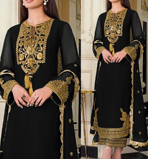 Elegant Heavy Embroidered Black Chiffon Party Dress (UnStitched) (CHI-758)