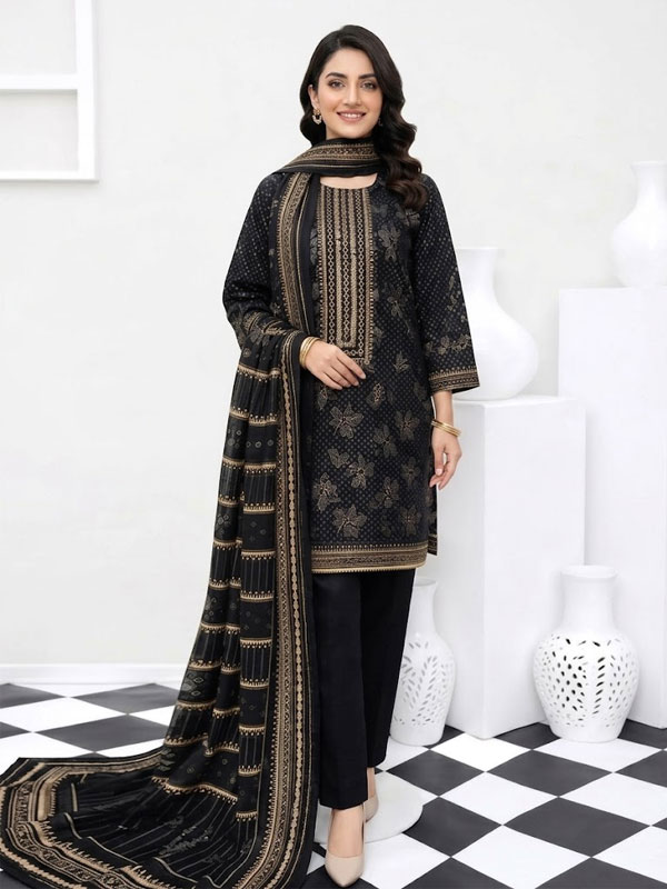 Premium Embroidered Black Dhanak Winter Dress with Dhanak Shawl 3 Piece(Unstitched) (KD-283)