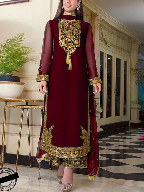 Asim Jofa Elegant Chiffon Heavy Embroidered Dress Chiffon Embroidery Dupatta Plain Trouser (UnStitched) (CHI-759)