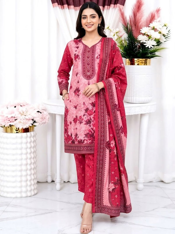 Elegant Embroidered Pink Dhanak Winter Collection Suite with Dhanak Shawl 3 Peice(Unstitched) (KD-284)