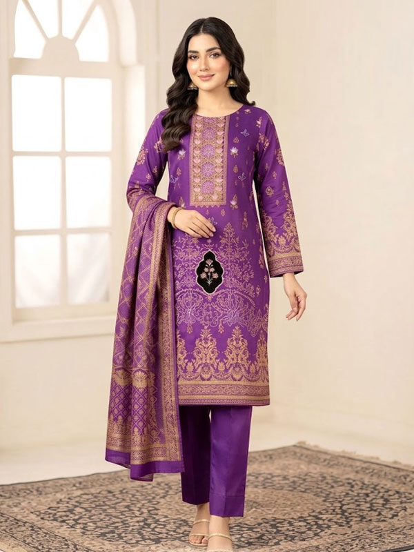 Dhanak Fabric Heavy Embroidered Purple Winter Dress with Dhanak Shawl 3 Peice (Unstitched) (KD-285)