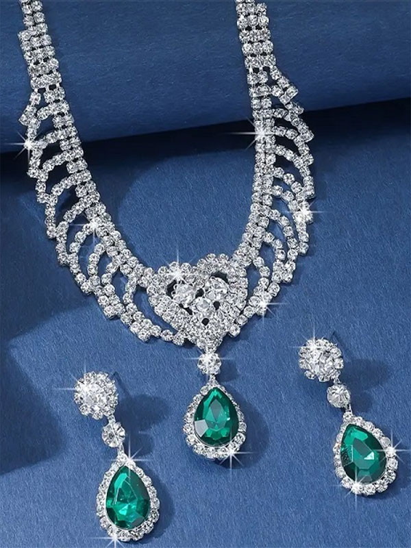 Elegant Teardrop Silver Green Necklace Jewelry Set with Earrings (ZV:30598)