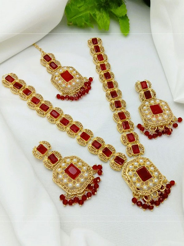 Elegant Zircon Stone Maroon Necklace Set with Earrings and Tikka (ZV:28102)