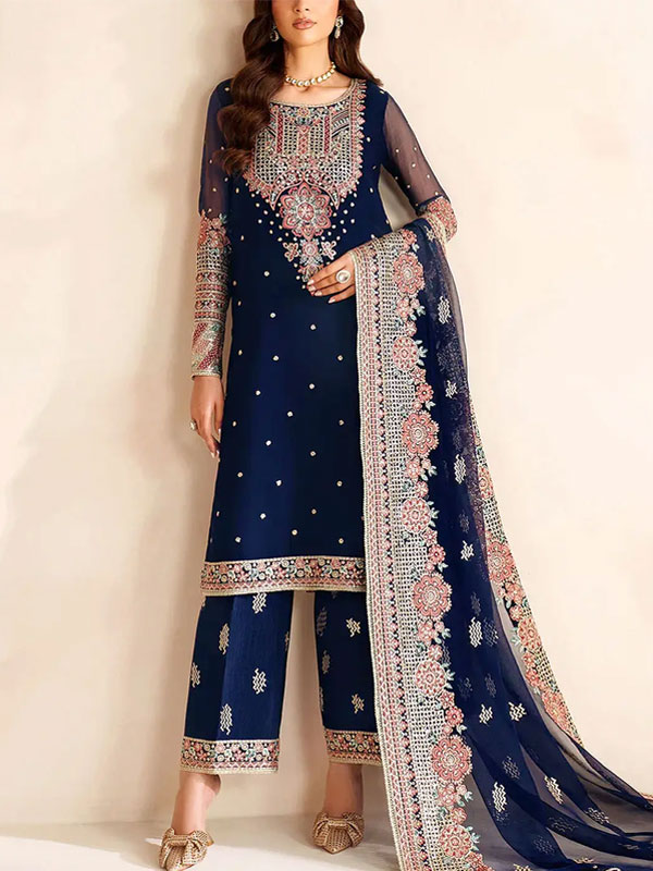 Embroidered Navy Blue Chiffon Party Wear Dress With Embroidered Chiffon Dupatta (Unstitched) (CHI-1068)