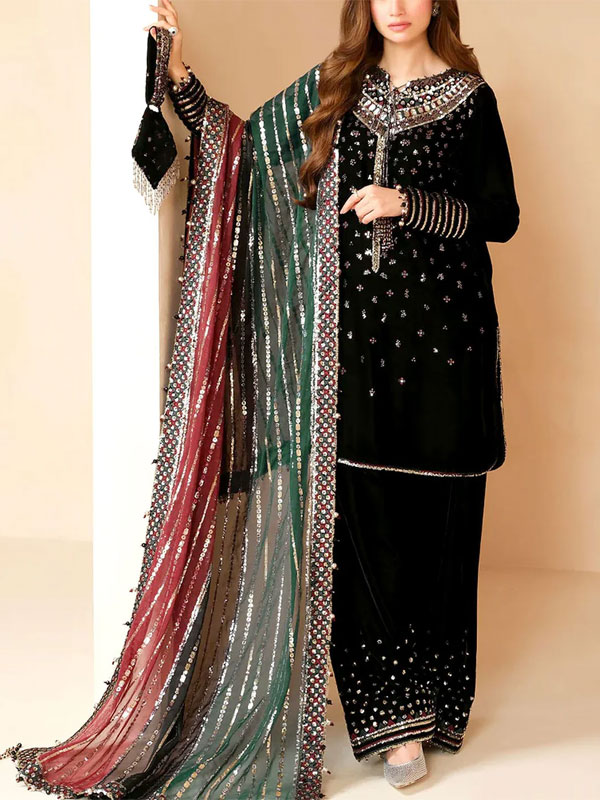 Fancy Embroidered Black Velvet Dress with Emb. Silk Trouser (Unstitched) (CHI-1054)
