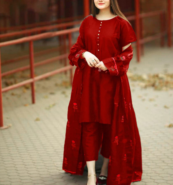 Stitched Silk Flower Embroidered Gown With Inner and Trouser For Girls 3 Pec Suite (RM-24)