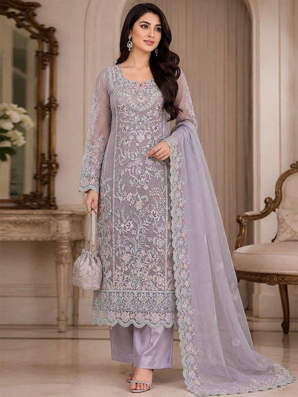 Glamorous Embroidered & Hand Embellished Lavender Grey Organza Wedding Dress (Unstitched) (CHI-1113)