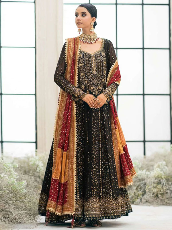 Glamorous Heavily Embroidered Black Chiffon Maxi Dress for Weddings (Unstitched) (CHI-1111)