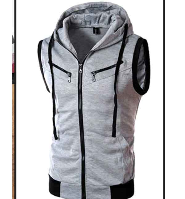 Grey Sleeveless Zipper Hoodies Jaqueta Front